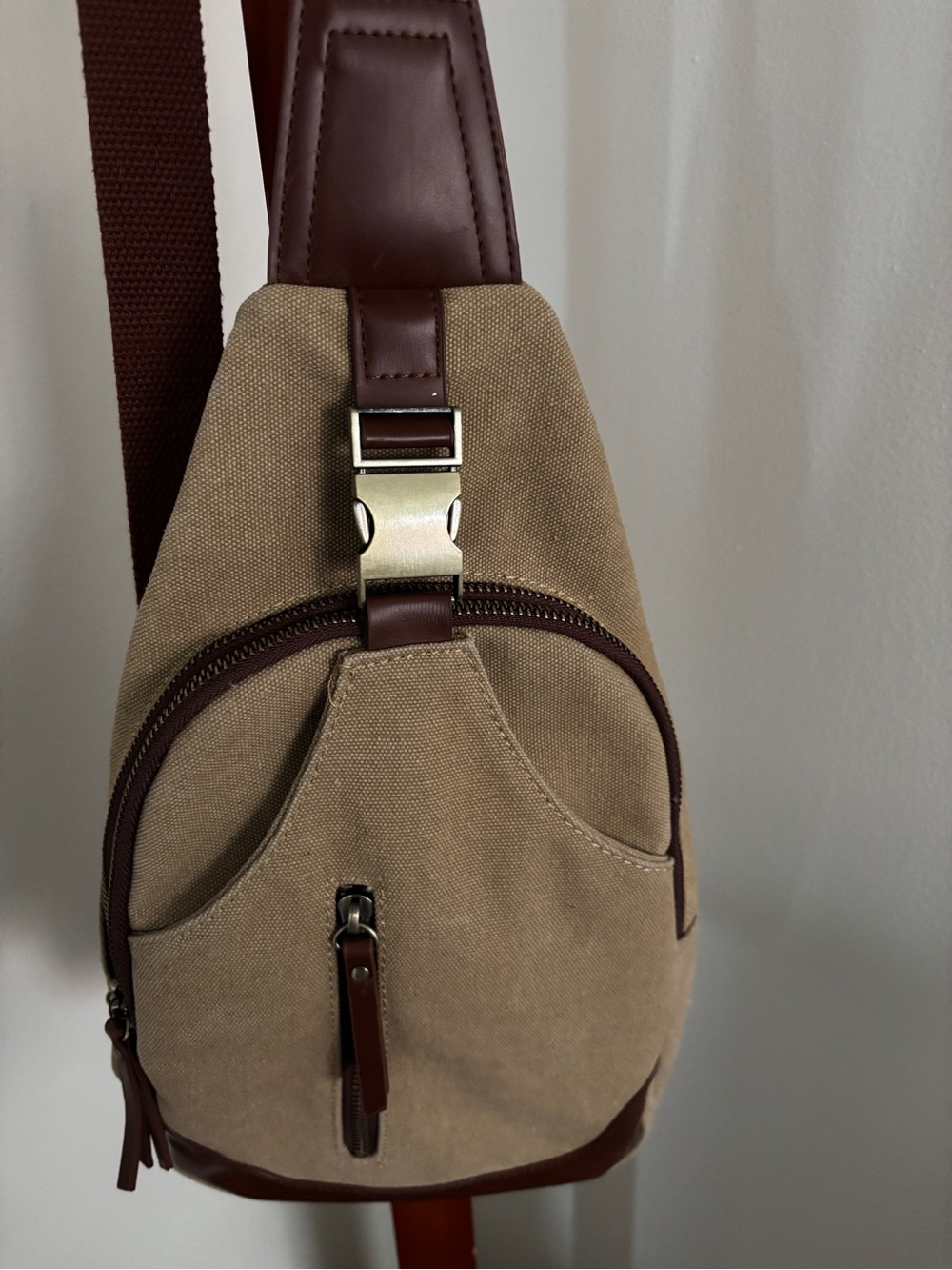 Canvas Sling Bag in Khaki with Brown Trim